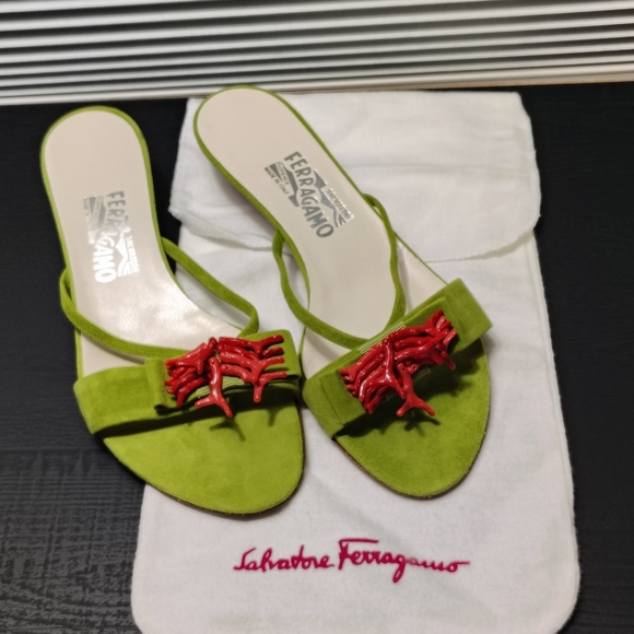Salvatore Ferragamo Green Sandals with Red Accent